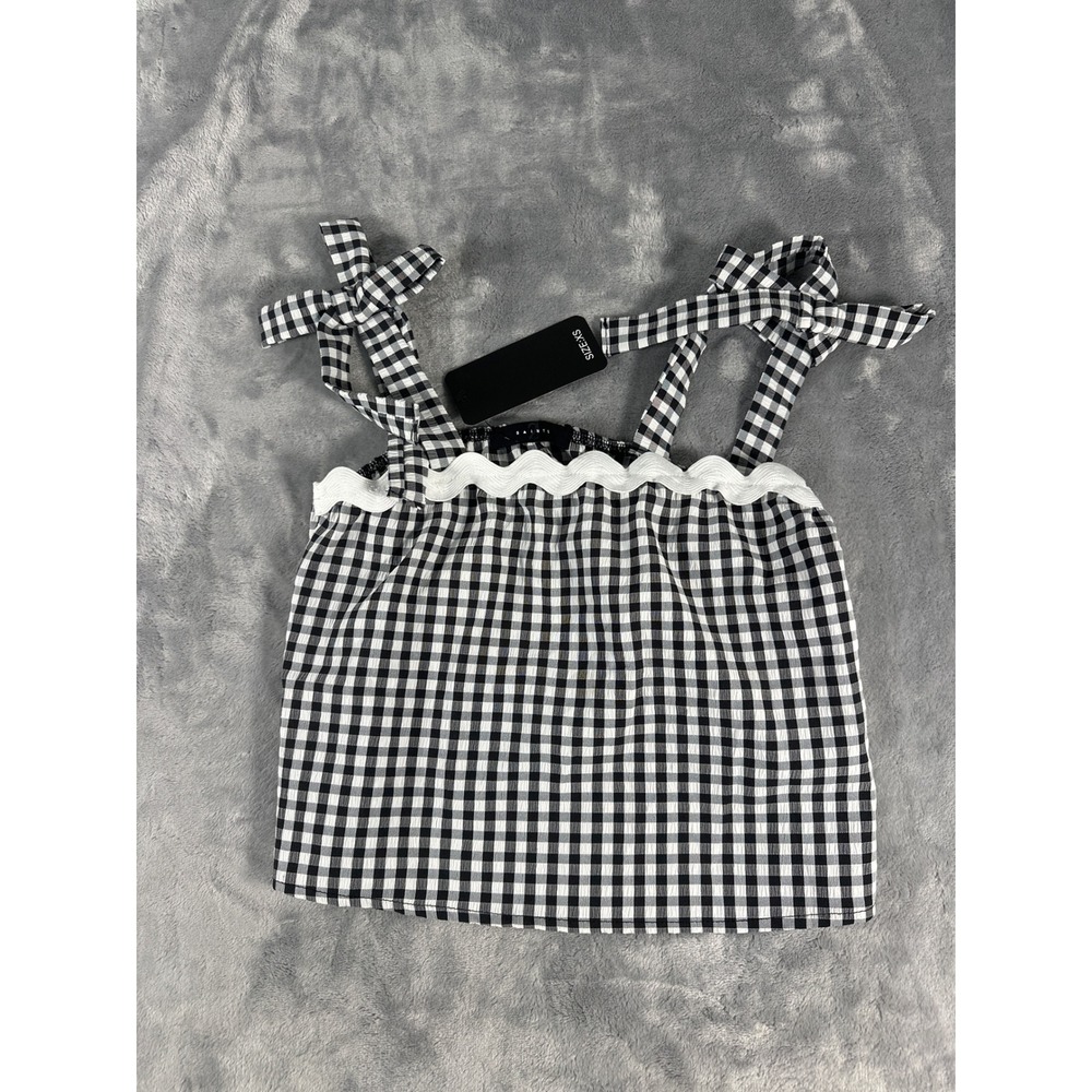 2Saints Gingham Check Tie Shoulder Ric-Rac Trim Camisole Top Black White XS NWT‎
